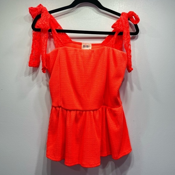 BiBi Fluorescent Orange Waffle Knit Lace Bow Straps Babydoll Ruffle Tank Top - Picture 5 of 12